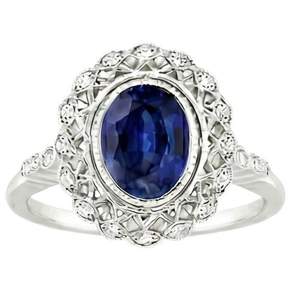 Antique Style Halo Ring Bezel Set Blue Sapphire With Natural Earth Mined Diamonds 4 Carats