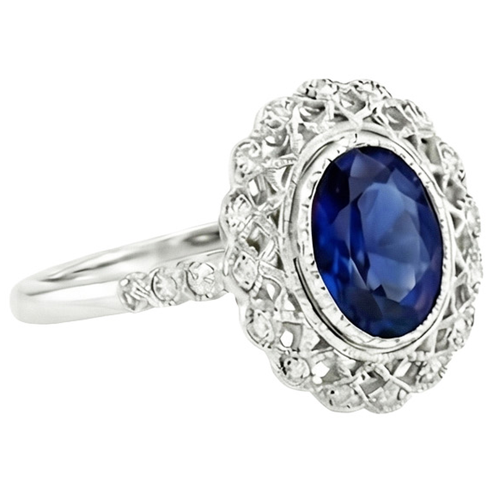 Antique Style Halo Ring Bezel Set Blue Sapphire With Natural Earth Mined Diamonds 4 Carats