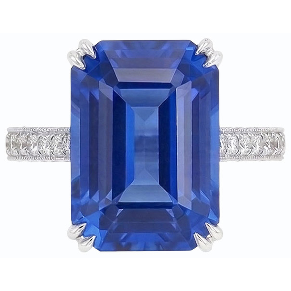 Antique Style IGI CERTIFIED Diamond Ring Emerald Blue Sapphire 8 Carats Pave Accents