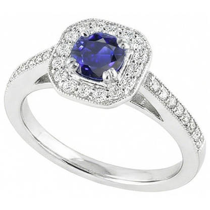 Antique Style Natural Earth Mined Diamond Halo Blue Sapphire Ring 3 Carats Milgrain Shank