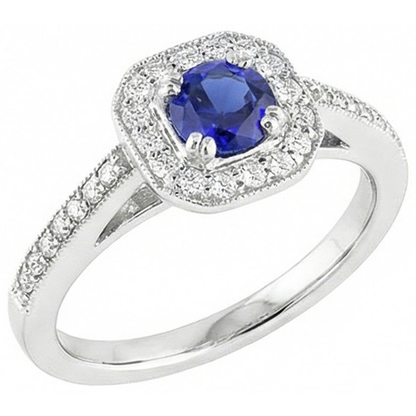 Antique Style Natural Earth Mined Diamond Halo Blue Sapphire Ring 3 Carats Milgrain Shank