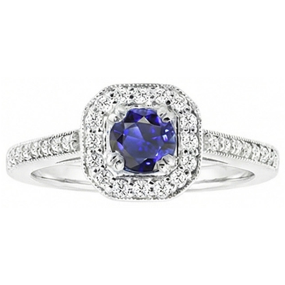 Antique Style Natural Earth Mined Diamond Halo Blue Sapphire Ring 3 Carats Milgrain Shank
