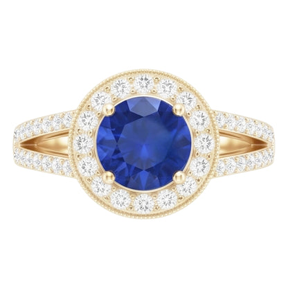 Antique Style Natural Earth Mined Diamond Halo Ring 3 Carats Round Blue Sapphire Jewelry