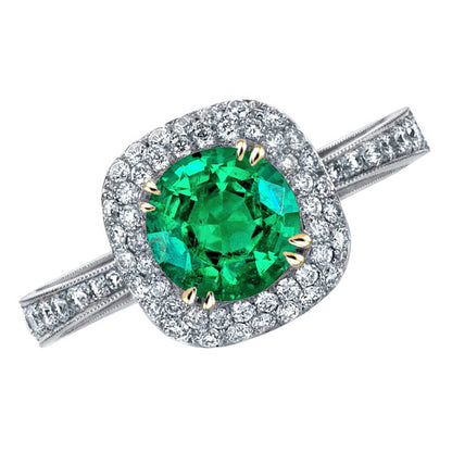 Antique Look Green Emerald And Diamond Ring Round Cut