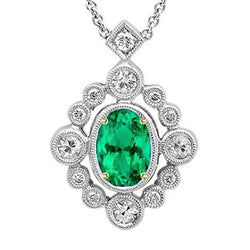 Natural Real ( Not Lab Grown ) Antique Look Green Emerald GIA Pendant Diamond Necklace