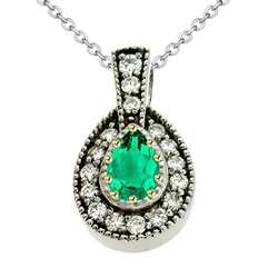Antique Style Pear Shaped Pendant Real Green Emerald And Diamonds