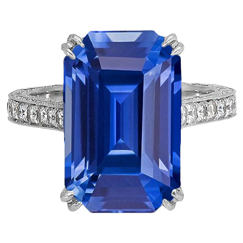 Antique Style Diamond Ring Emerald Blue Sapphire 8 Carats Pave Accents