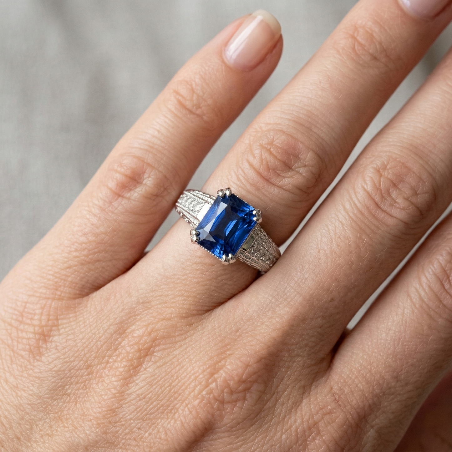 Antique Style Natural Earth Mined Diamond Sapphire Engagement Ring 4 Carats Double Prong