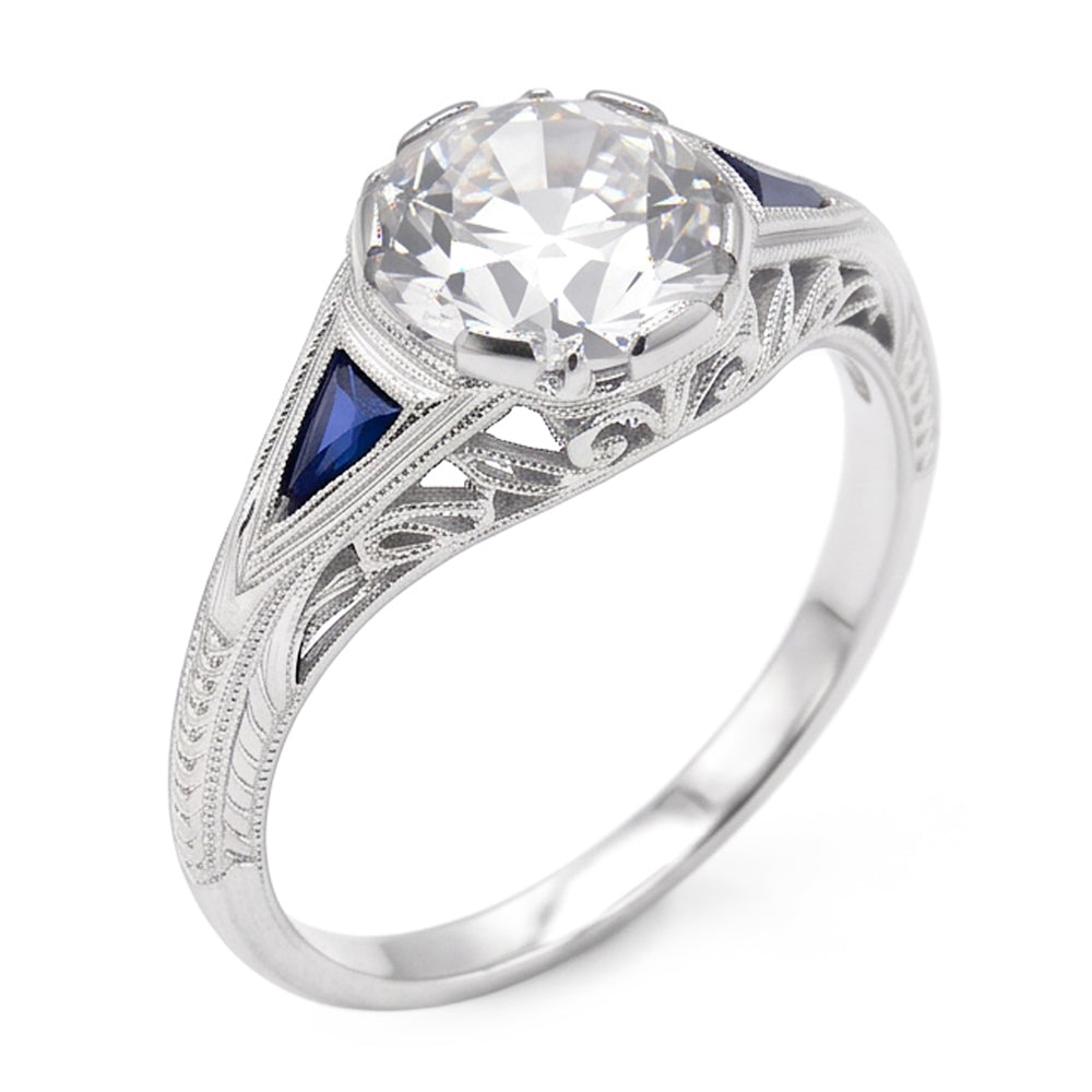 Art Deco Jewelry New Round Old Cut & Sapphire Three Stone Ring
