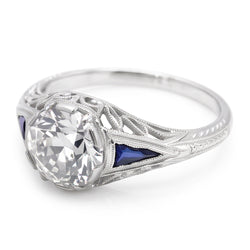 Art Deco Jewelry New Round Old Cut & Sapphire Three Stone Ring