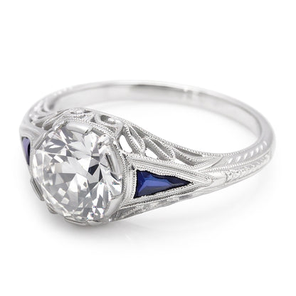 Art Deco Jewelry New Round Old Cut & Sapphire Three Stone Ring