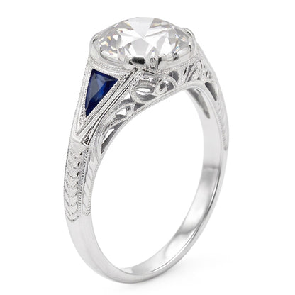 Art Deco Jewelry New Round Old Cut & Sapphire Three Stone Ring