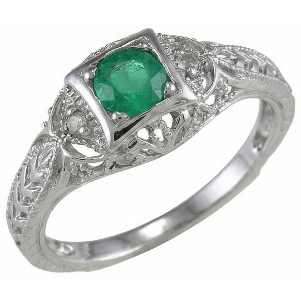 Art Nouveau Jewelry New Round Cut Green Emerald GIA Natural Earth Mined Diamond Ring