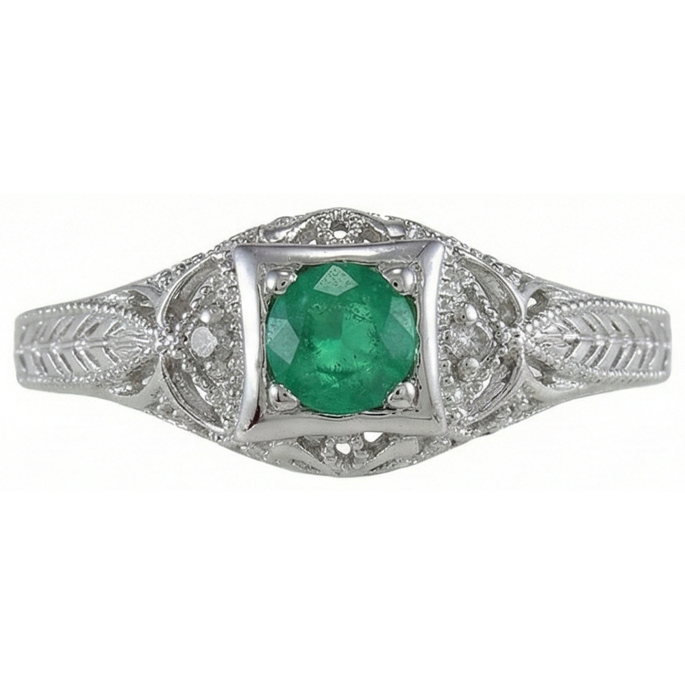 Art Nouveau Jewelry New Round Cut Green Emerald GIA Natural Earth Mined Diamond Ring