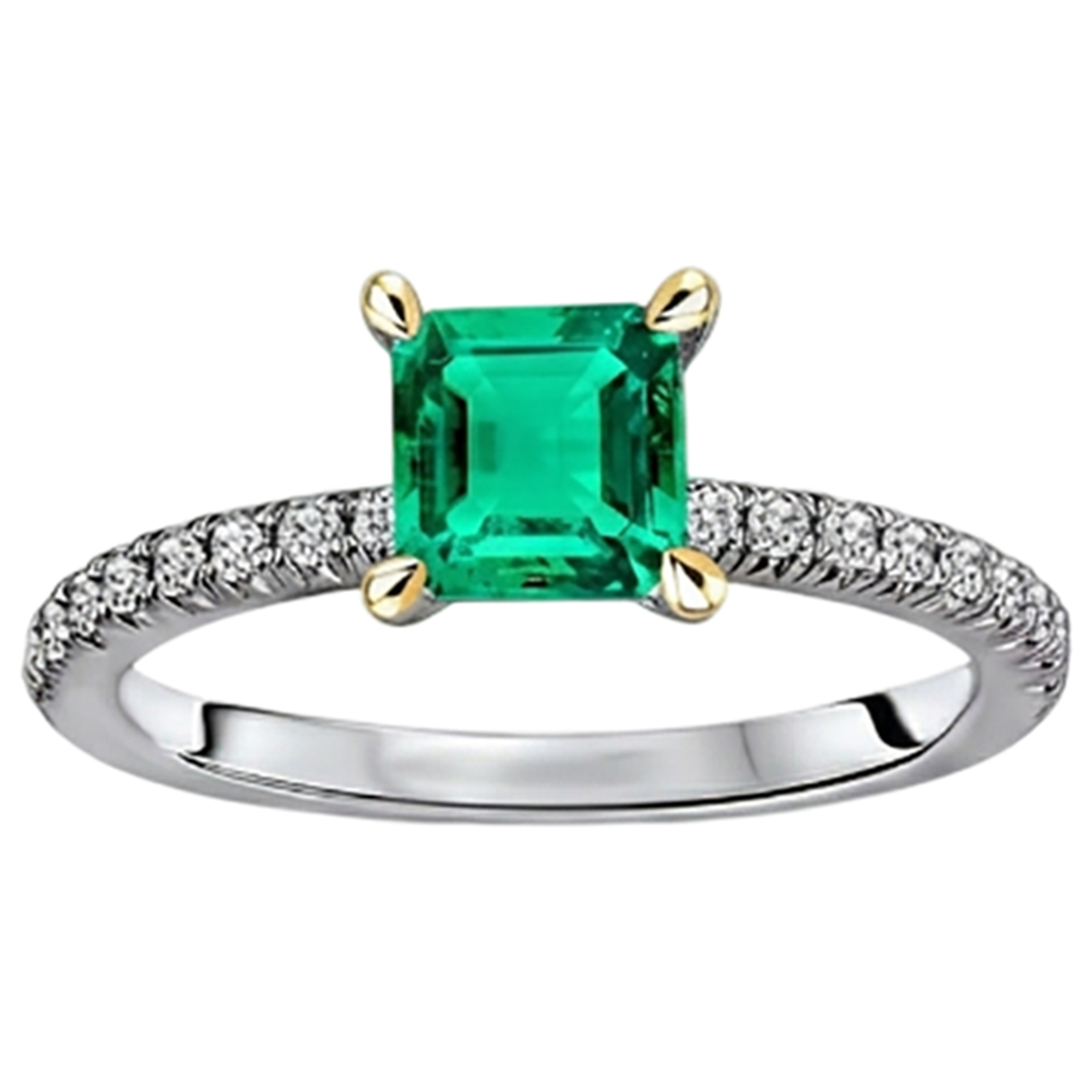 Natural Real ( Not Lab Grown ) Asscher Cut Green Emerald GIA Ring With Accents Anniversary Jewelry