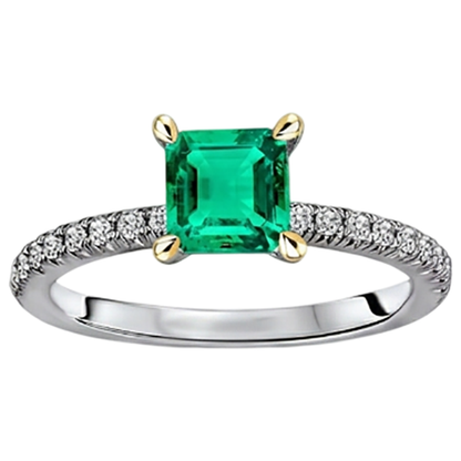 Natural Real ( Not Lab Grown ) Asscher Cut Green Emerald GIA Ring With Accents Anniversary Jewelry