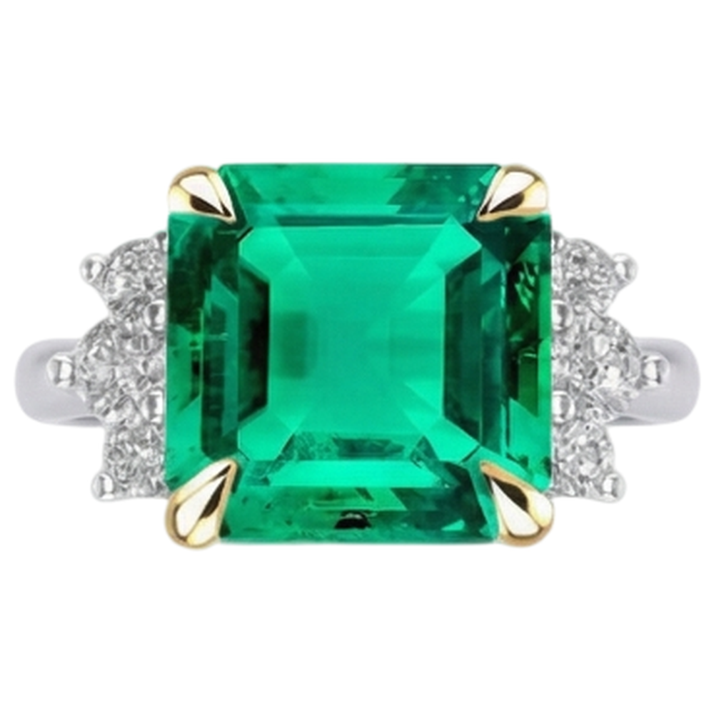 Natural Real ( Not Lab Grown ) Asscher Green Emerald GIA Diamond Wedding Ring Prong Set