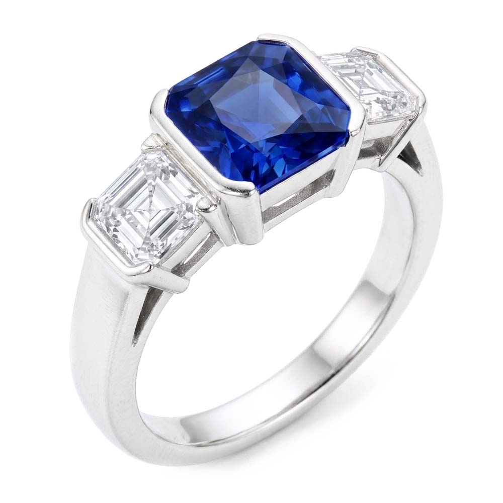 Asscher Natural Earth Mined Diamond 3 Stone Ring 3 Carats Sri Lankan Sapphire Gold Jewelry
