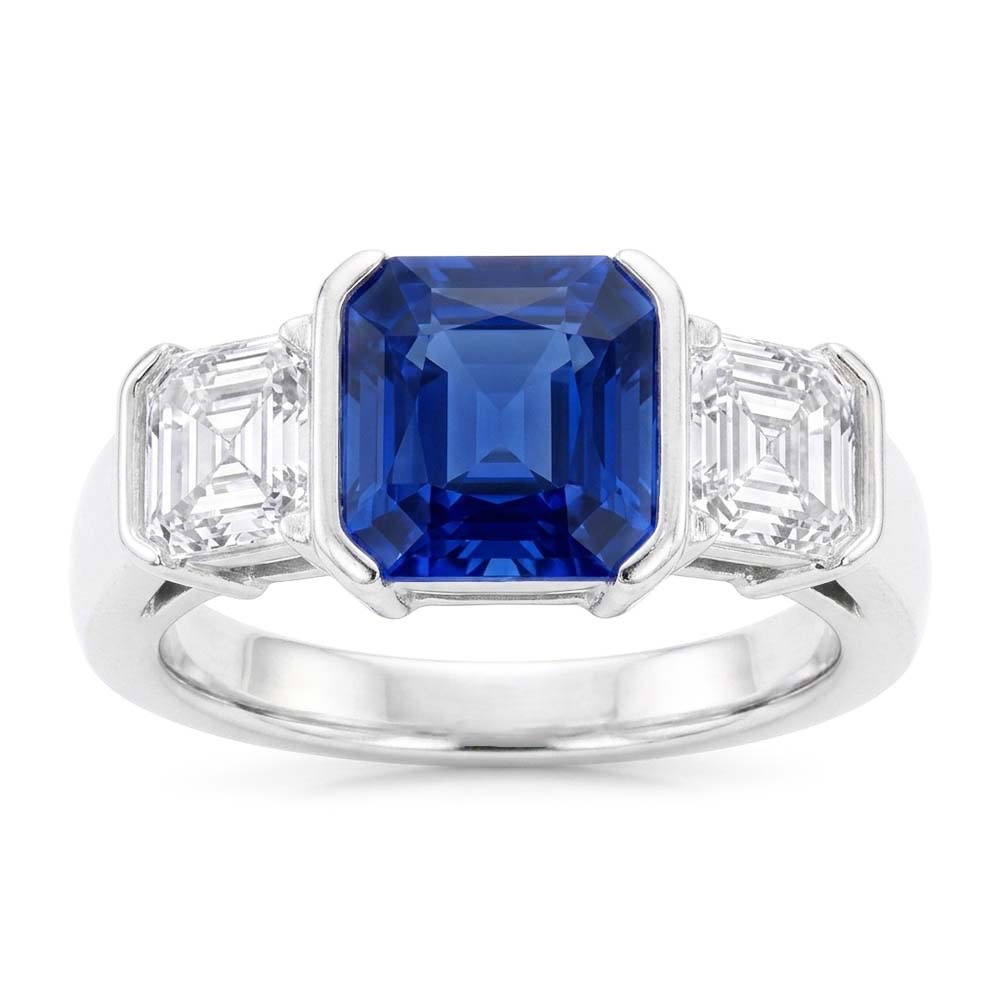 Asscher Natural Earth Mined Diamond 3 Stone Ring 3 Carats Sri Lankan Sapphire Gold Jewelry