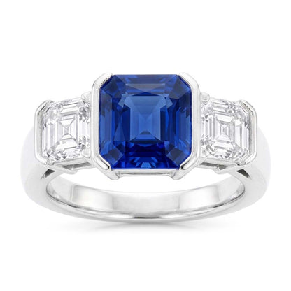 Asscher Natural Earth Mined Diamond 3 Stone Ring 3 Carats Sri Lankan Sapphire Gold Jewelry