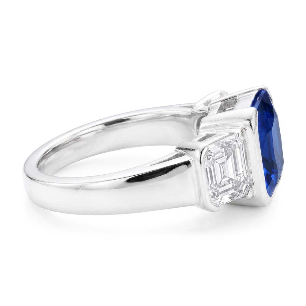 Asscher Natural Earth Mined Diamond 3 Stone Ring 3 Carats Sri Lankan Sapphire Gold Jewelry