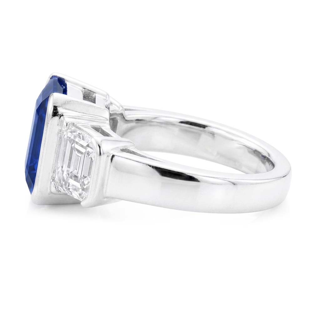 Asscher Natural Earth Mined Diamond 3 Stone Ring 3 Carats Sri Lankan Sapphire Gold Jewelry