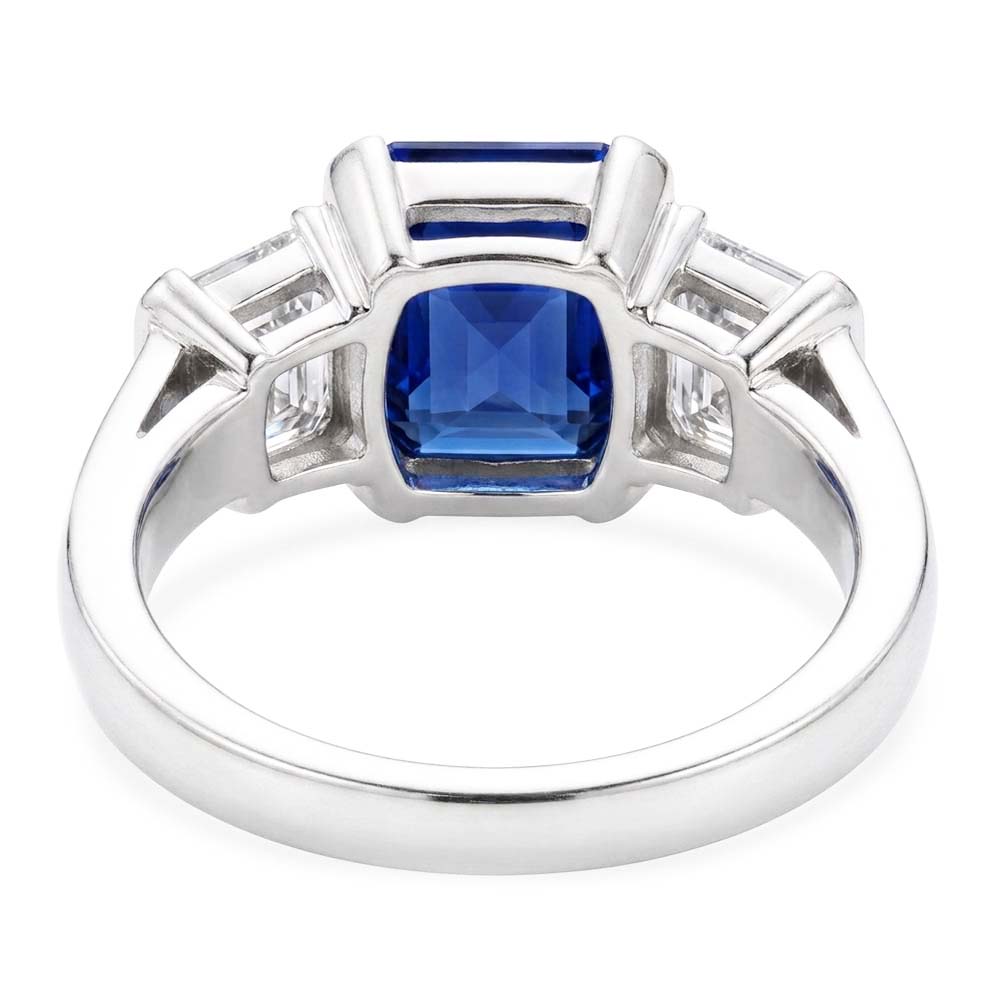 Asscher Natural Earth Mined Diamond 3 Stone Ring 3 Carats Sri Lankan Sapphire Gold Jewelry