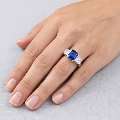 Asscher Natural Earth Mined Diamond 3 Stone Ring 3 Carats Sri Lankan Sapphire Gold Jewelry