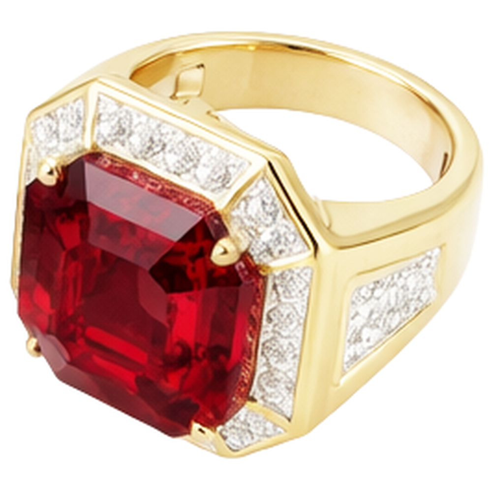Asscher Red Men's Ruby IGI CERTIFIED Ring With Diamond 11 Carats Yellow Gold 14K