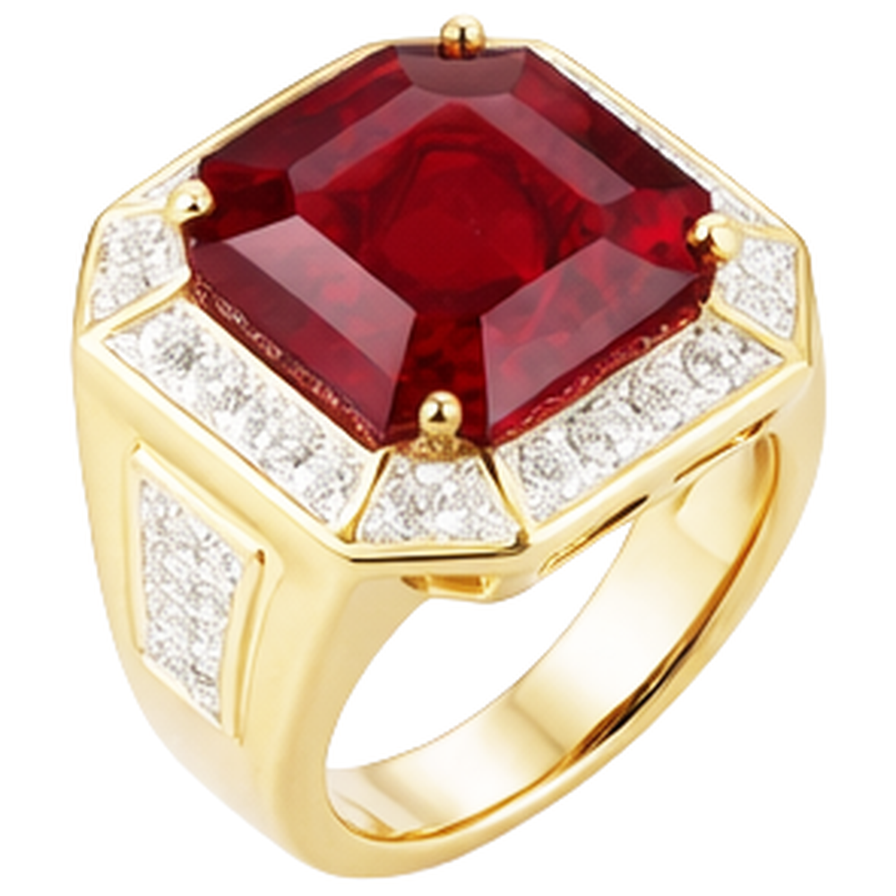 Asscher Red Men's Ruby IGI CERTIFIED Ring With Diamond 11 Carats Yellow Gold 14K
