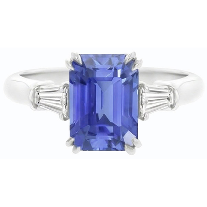 Baguette Natural Earth Mined Diamond 3 Stone Emerald Cut Blue Sapphire Ring 2.25 Carats