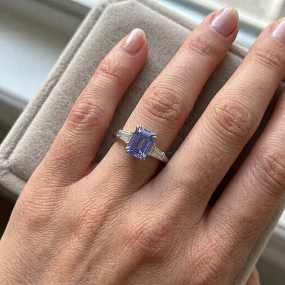 Baguette Natural Earth Mined Diamond 3 Stone Emerald Cut Blue Sapphire Ring 2.25 Carats