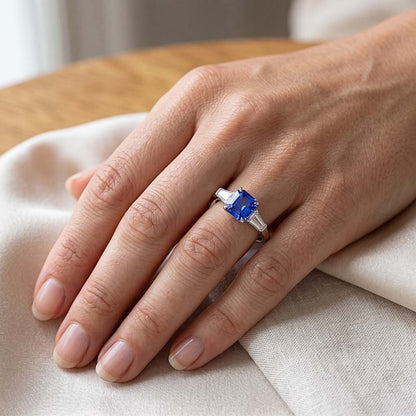 Baguette Natural Earth Mined Diamond 3 Stone Ring Asscher Cut Blue Sapphire 2.50 Carats