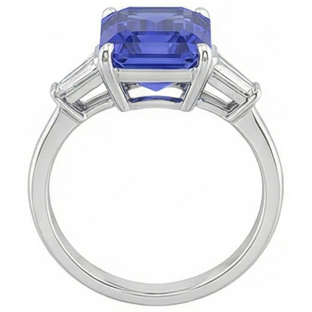 Baguette Natural Earth Mined Diamond 3 Stone Ring Emerald Cut Ceylon Sapphire 2.75 Carats