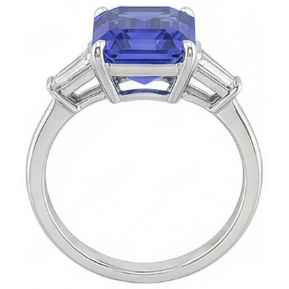 Baguette Natural Earth Mined Diamond 3 Stone Ring Emerald Cut Ceylon Sapphire 2.75 Carats