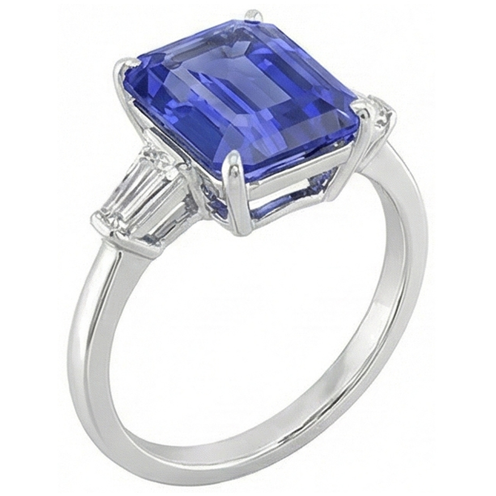 Baguette Natural Earth Mined Diamond 3 Stone Ring Emerald Cut Ceylon Sapphire 2.75 Carats