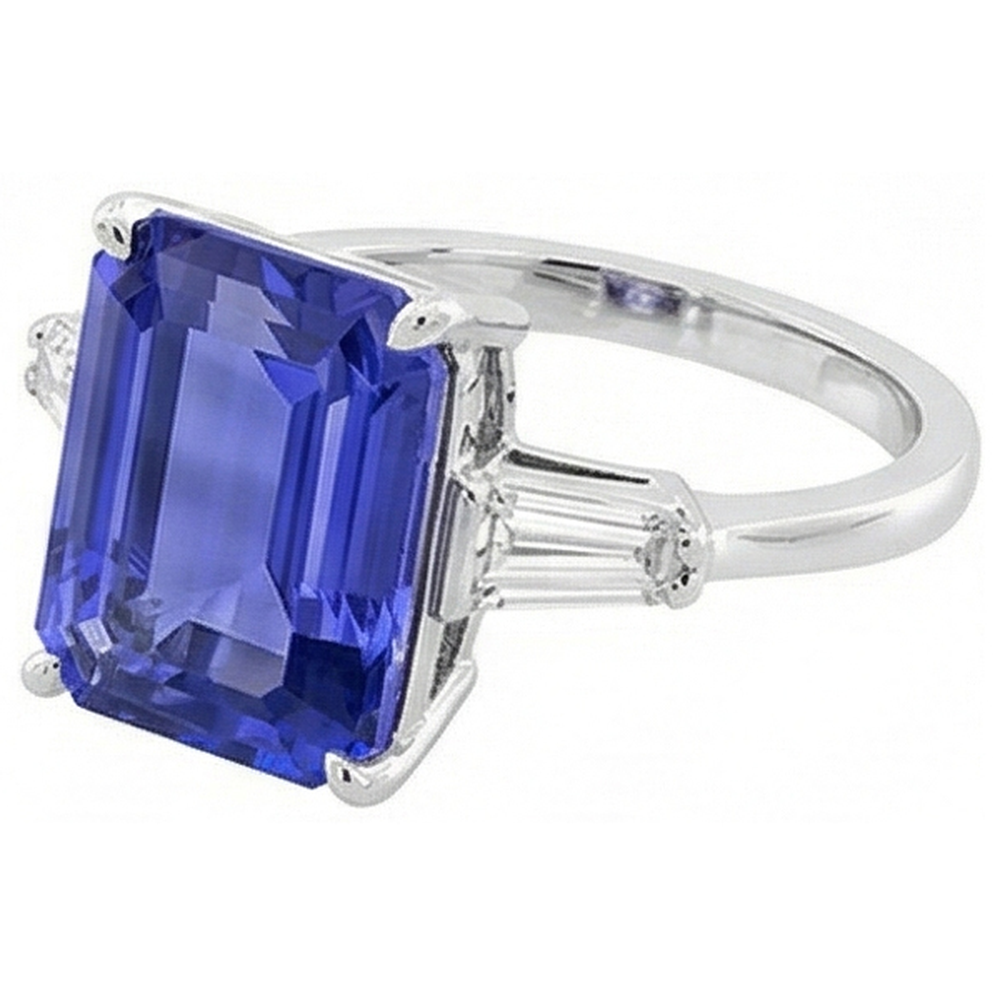 Baguette Natural Earth Mined Diamond 3 Stone Ring Emerald Cut Ceylon Sapphire 2.75 Carats