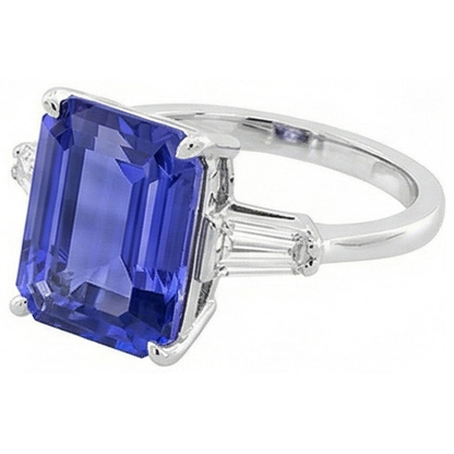 Baguette Natural Earth Mined Diamond 3 Stone Ring Emerald Cut Ceylon Sapphire 2.75 Carats