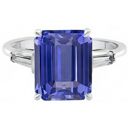 Baguette Natural Earth Mined Diamond 3 Stone Ring Emerald Cut Ceylon Sapphire 2.75 Carats
