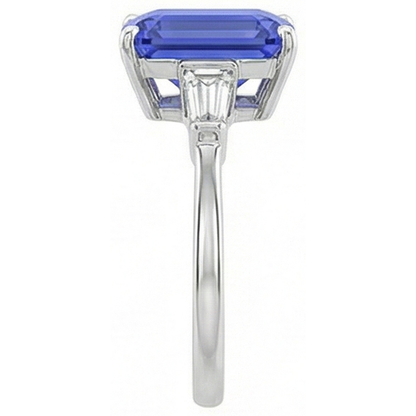 Baguette Natural Earth Mined Diamond 3 Stone Ring Emerald Cut Ceylon Sapphire 2.75 Carats