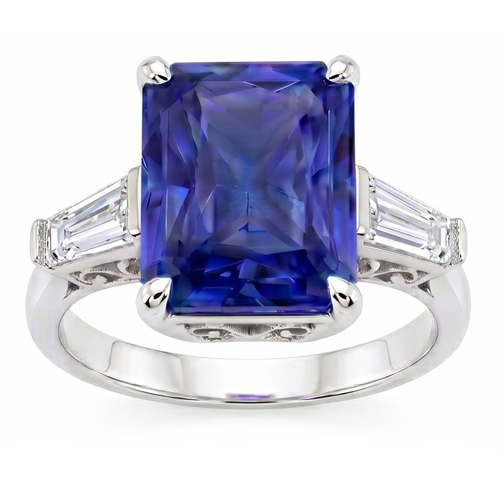 Baguette Natural Earth Mined Diamond 3 Stone Ring Radiant Light Blue Sapphire 2.50 Carats