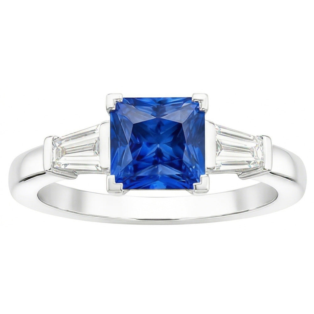 Baguette Natural Earth Mined Diamond 3 Stone Ring Radiant Light Blue Sapphire 2.50 Carats