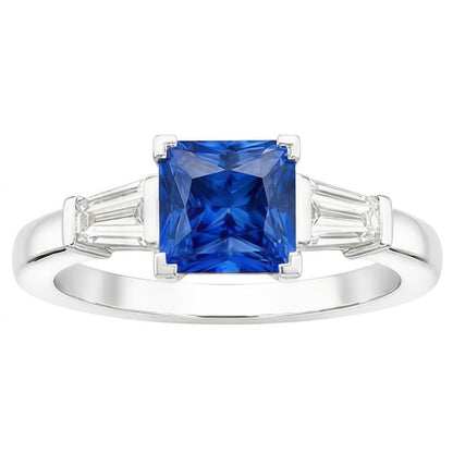 Baguette Natural Earth Mined Diamond 3 Stone Ring Radiant Light Blue Sapphire 2.50 Carats
