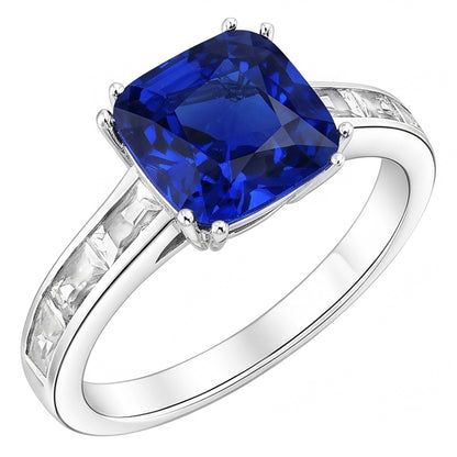 Baguette Natural Earth Mined Diamond Cushion Blue Sapphire Ring 4 Carats Gold 14K Jewelry