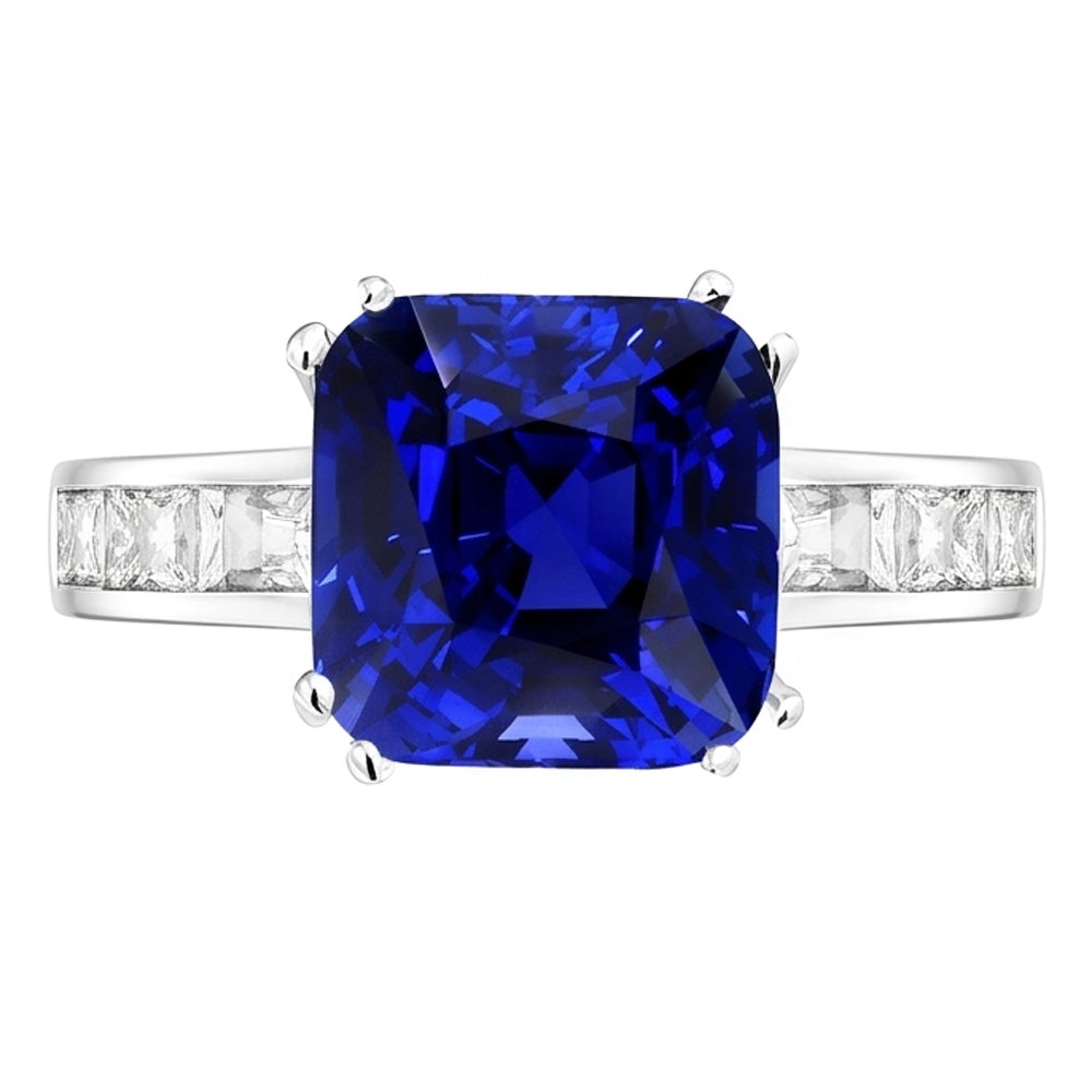 Baguette Natural Earth Mined Diamond Cushion Blue Sapphire Ring 4 Carats Gold 14K Jewelry