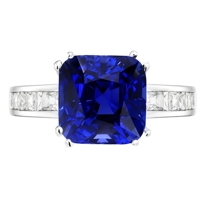 Baguette Natural Earth Mined Diamond Cushion Blue Sapphire Ring 4 Carats Gold 14K Jewelry