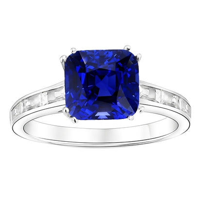 Baguette Natural Earth Mined Diamond Cushion Blue Sapphire Ring 4 Carats Gold 14K Jewelry