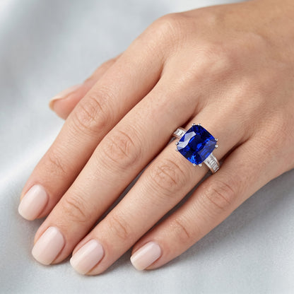 Baguette Natural Earth Mined Diamond Cushion Blue Sapphire Ring 4 Carats Gold 14K Jewelry
