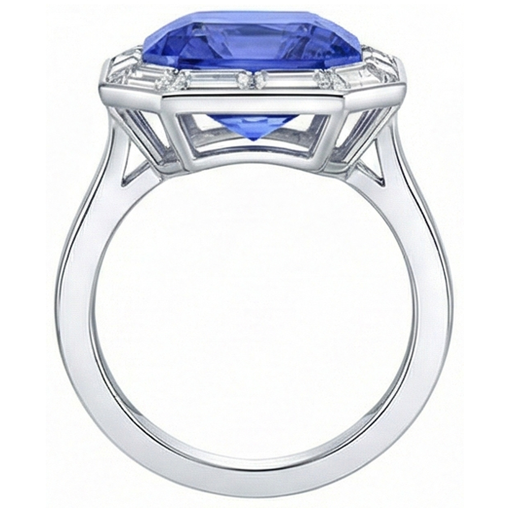 Baguette Natural Earth Mined Diamond Halo Radiant Blue Sapphire Ring 3.50 Carats 14K Gold