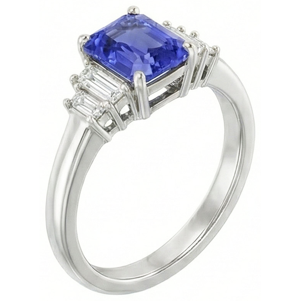 Baguette Natural Earth Mined Diamond Ring Ceylon Sapphire Jewelry 2.50 Carats 4 Prong Set
